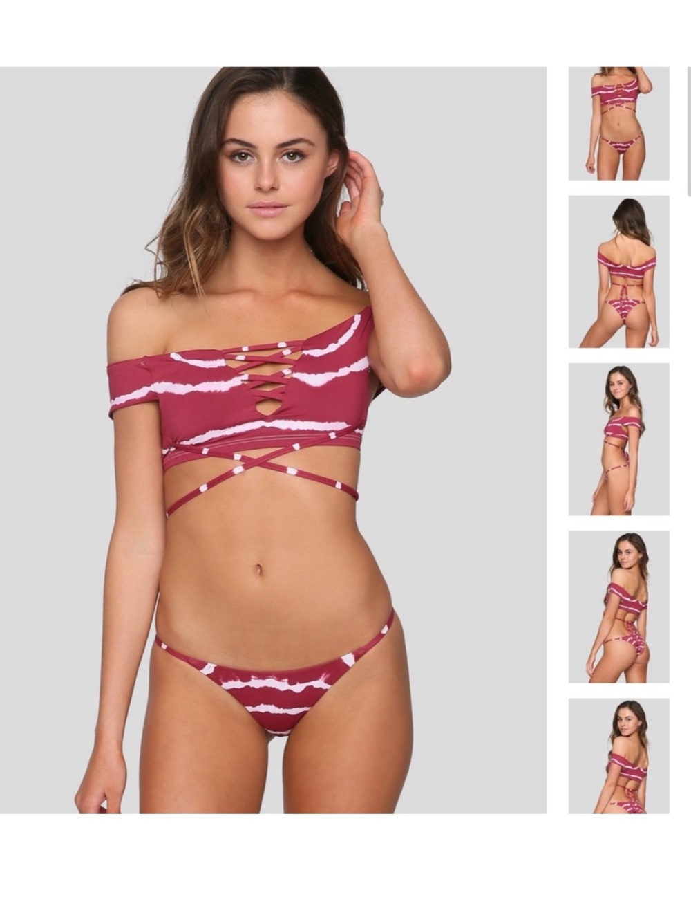 Frankie’s Bikinis Off-Shoulder Maroon Tie-Dye Swim Top and Bottom Bikini Set